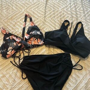 Black Floral & Solid Bikini Set - Peach Floral Accent